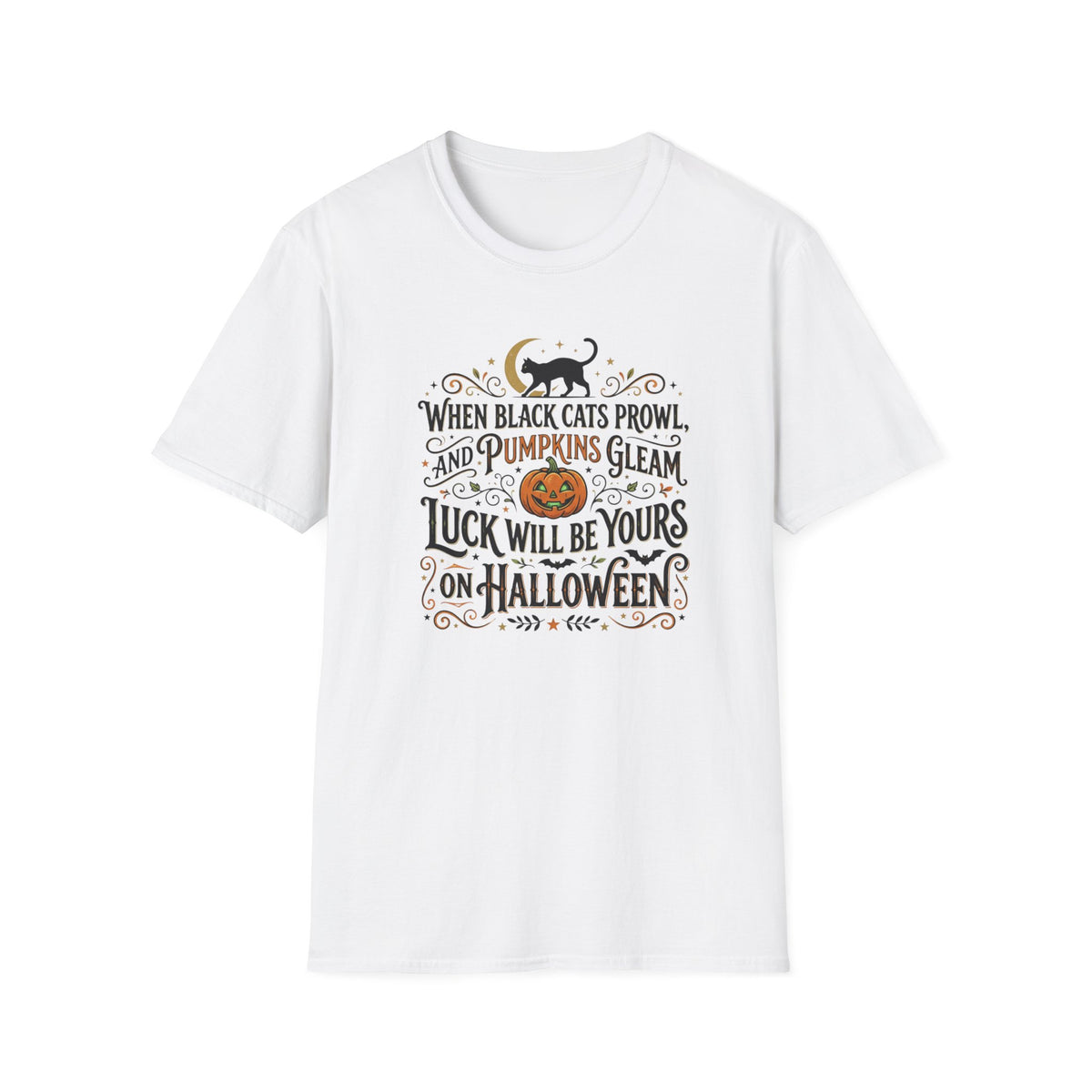 Halloween T-Shirt — "When Black Cats Prowl and Pumpkins Gleam" Pumpkin & Black Cat Tee