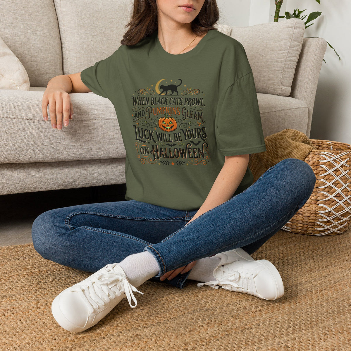 Halloween T-Shirt — "When Black Cats Prowl and Pumpkins Gleam" Pumpkin & Black Cat Tee