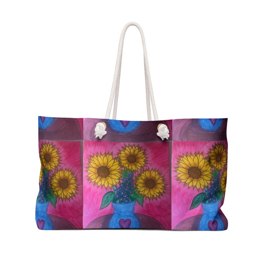 Sunflower & Heart Art Weekender Bag - Boho Travel Tote, Floral Gym Bag, Gift for Her, Beach Bag, Summer Essentials