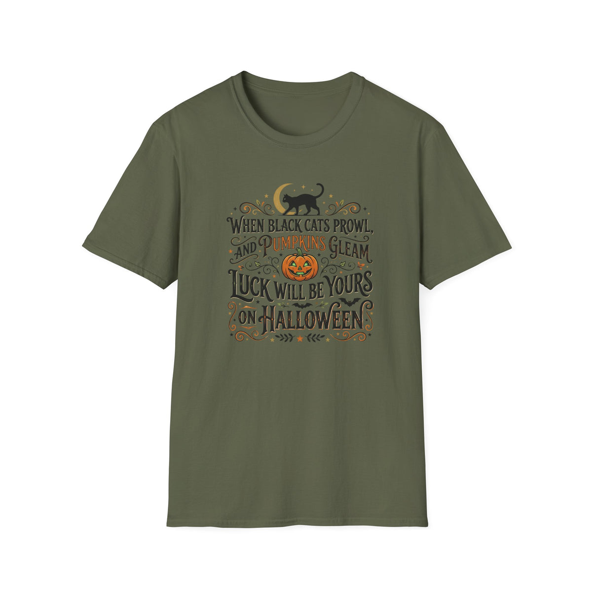 Halloween T-Shirt — "When Black Cats Prowl and Pumpkins Gleam" Pumpkin & Black Cat Tee