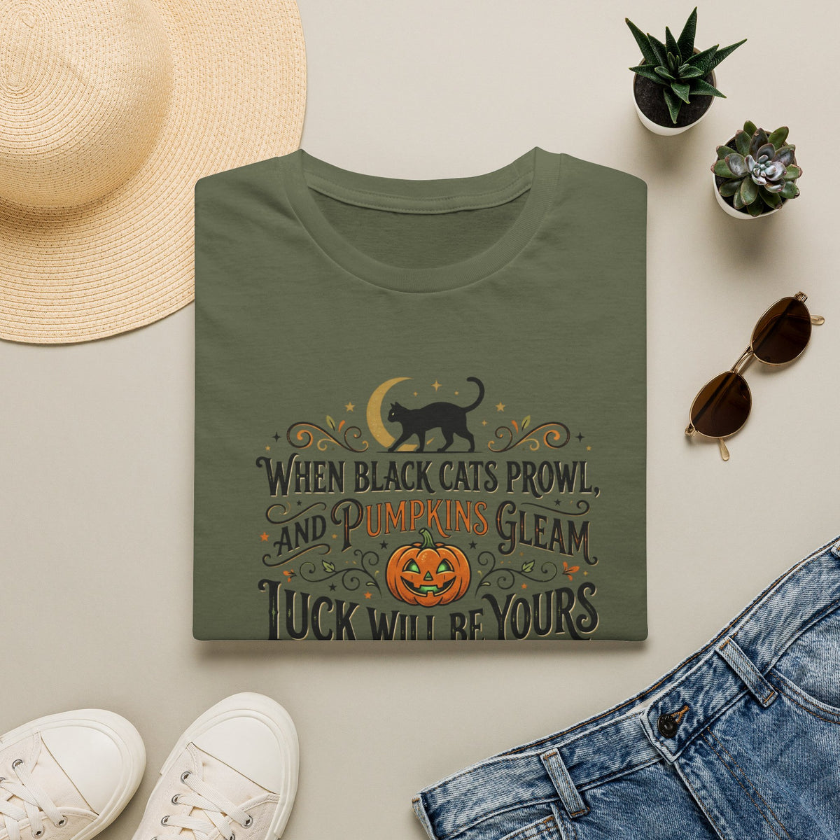 Halloween T-Shirt — "When Black Cats Prowl and Pumpkins Gleam" Pumpkin & Black Cat Tee