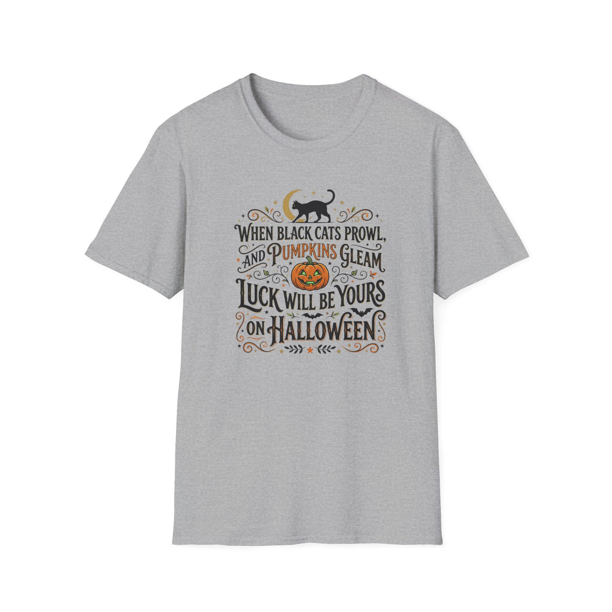 Halloween T-Shirt — "When Black Cats Prowl and Pumpkins Gleam" Pumpkin & Black Cat Tee