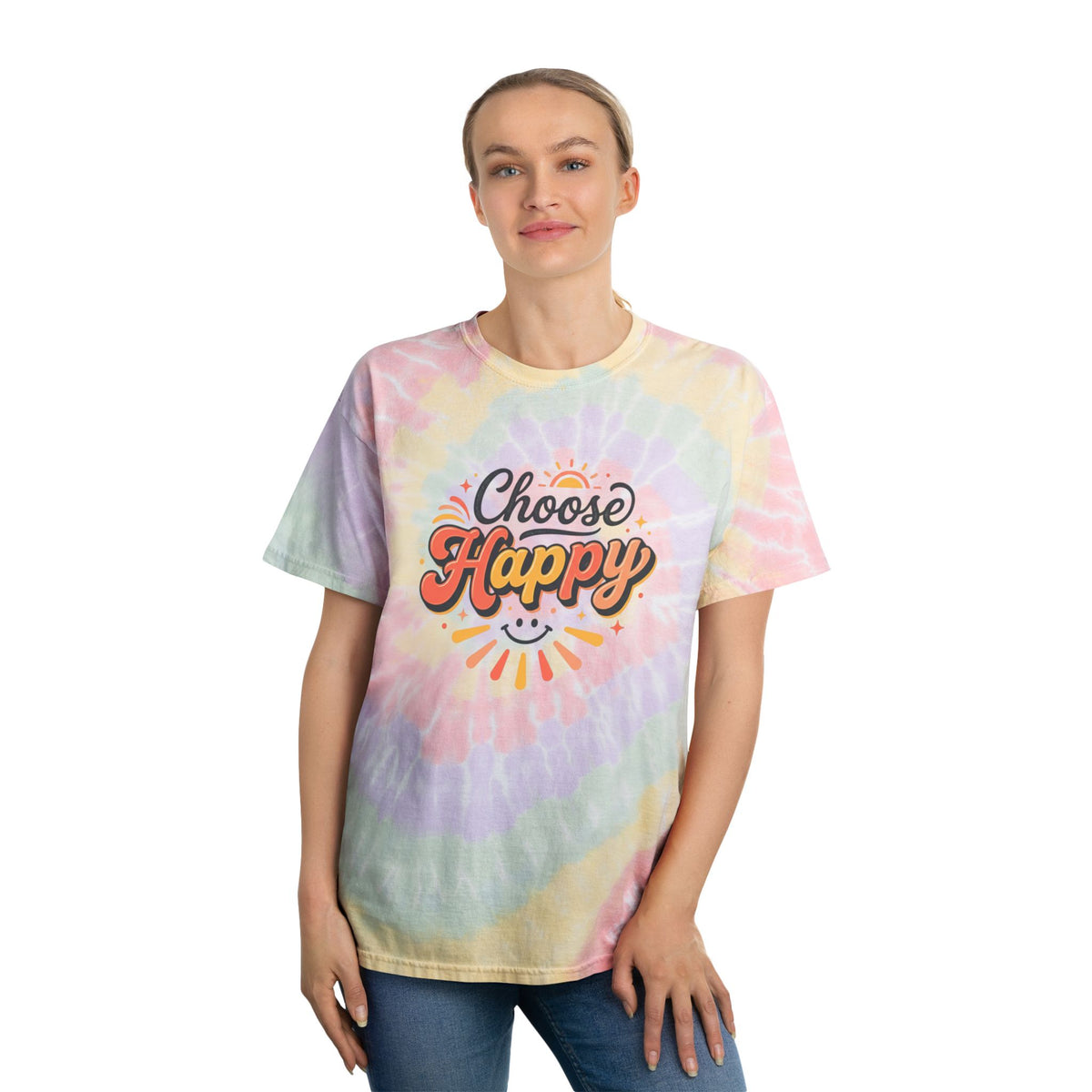 Choose Happy Tie-Dye Tee — Pastel Spiral Retro Graphic T-Shirt