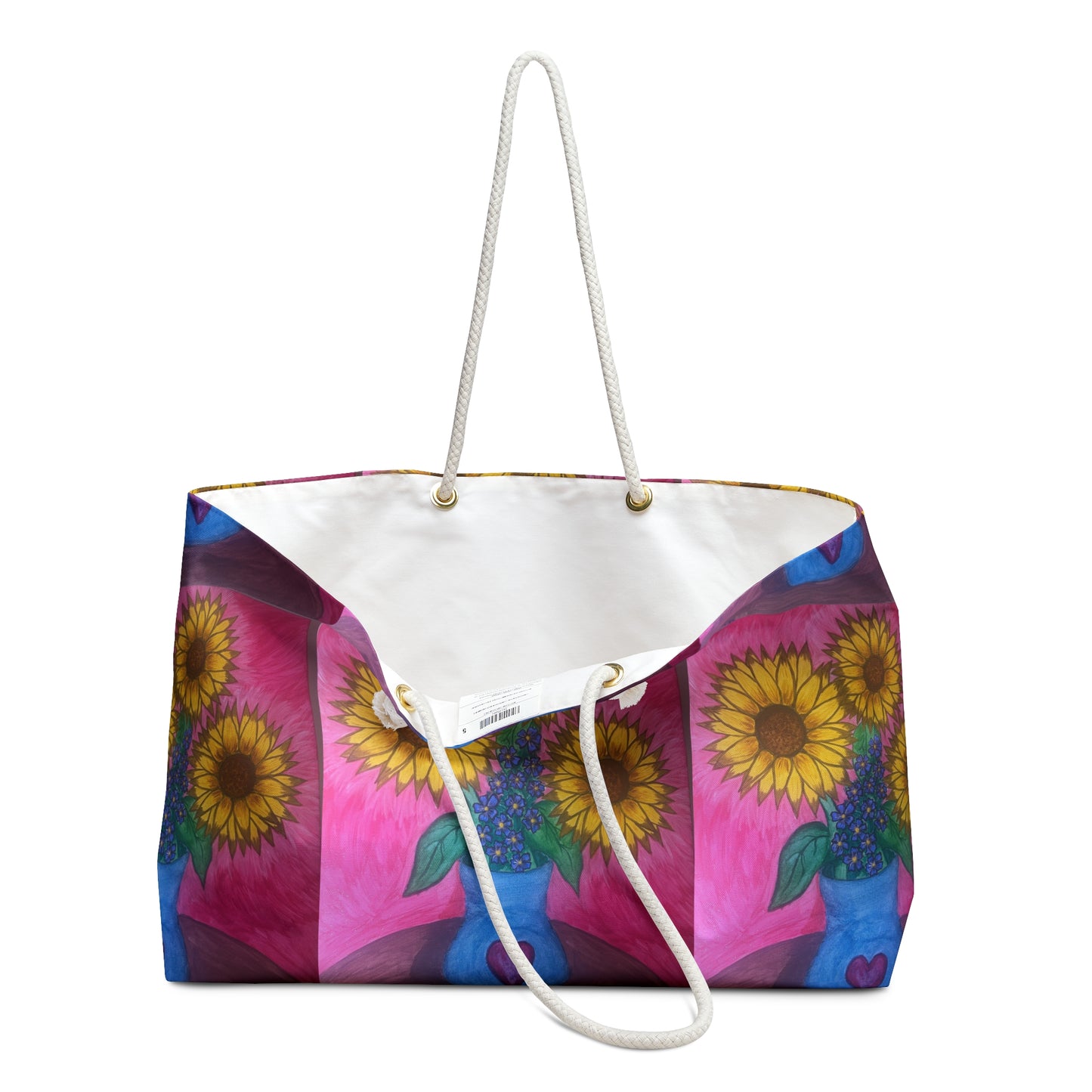 1 Sunflower & Heart Art Weekender Bag - Boho Travel Tote, Floral Gym Bag, Gift for Her, Beach Bag, Summer Essentials