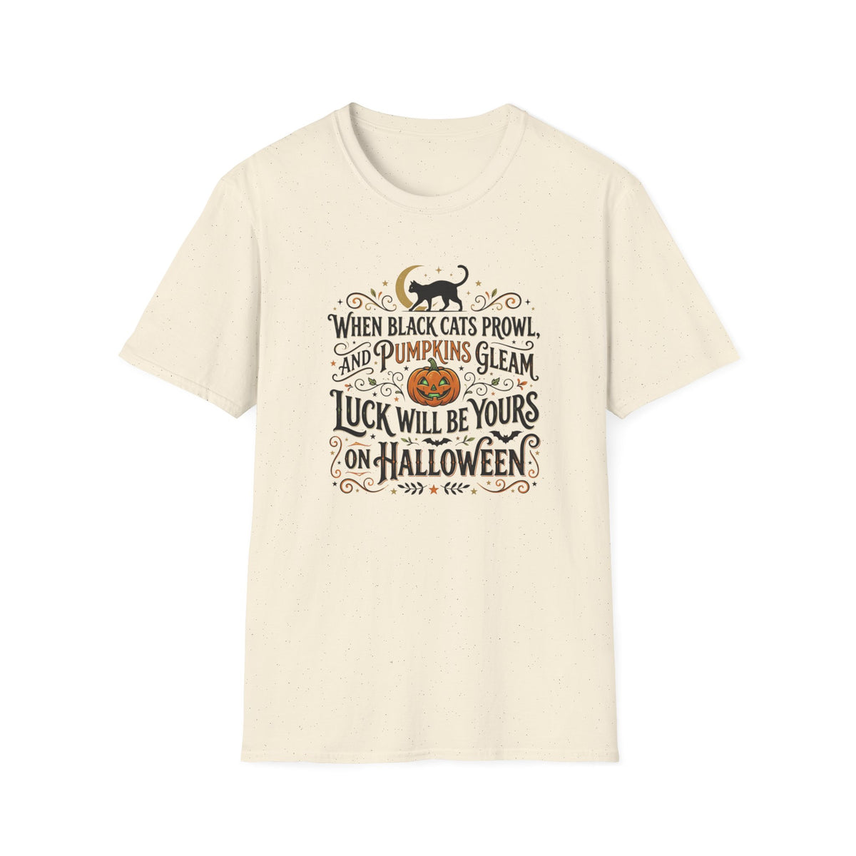 Halloween T-Shirt — "When Black Cats Prowl and Pumpkins Gleam" Pumpkin & Black Cat Tee