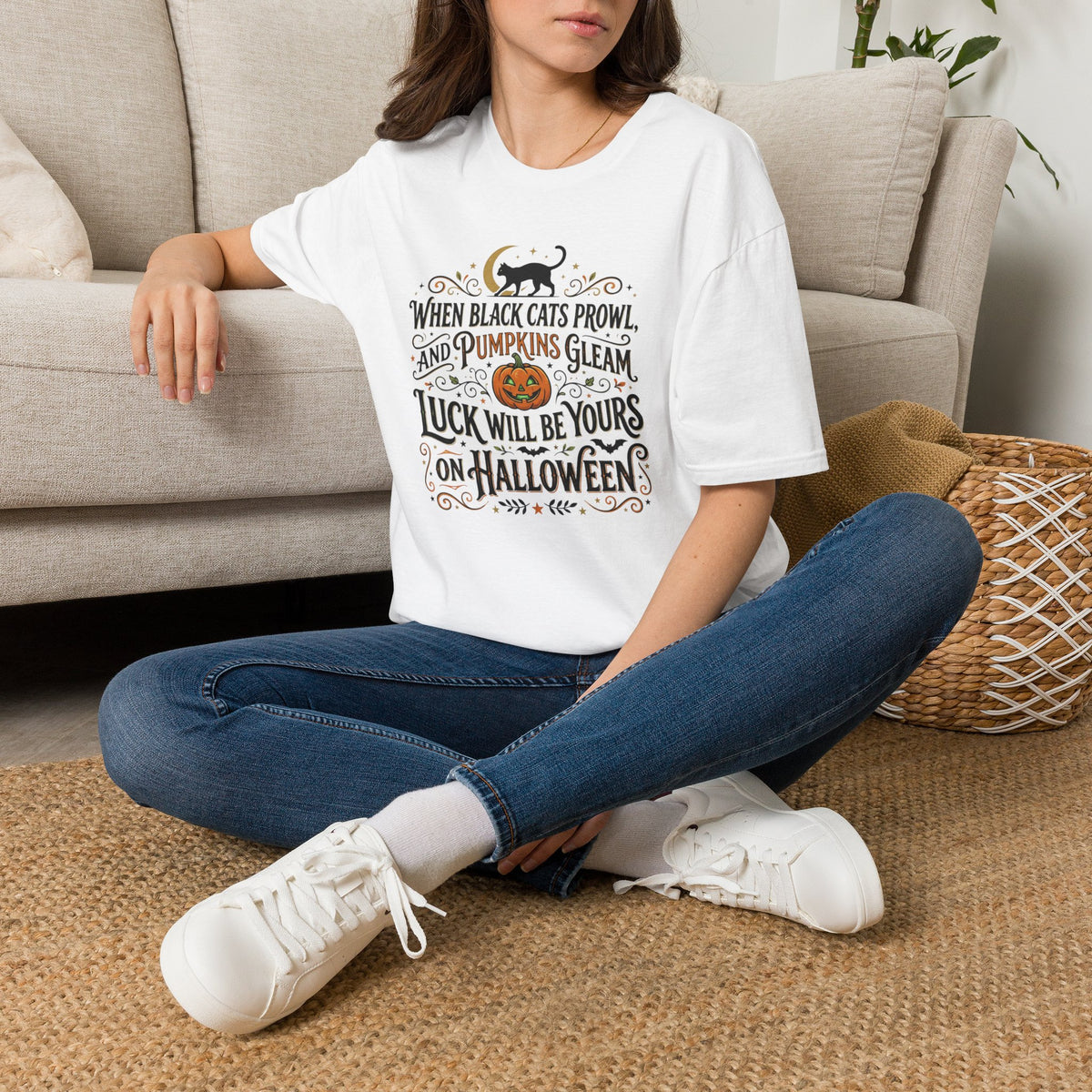 Halloween T-Shirt — "When Black Cats Prowl and Pumpkins Gleam" Pumpkin & Black Cat Tee