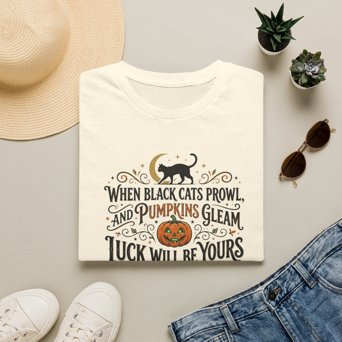 Halloween T-Shirt — "When Black Cats Prowl and Pumpkins Gleam" Pumpkin & Black Cat Tee