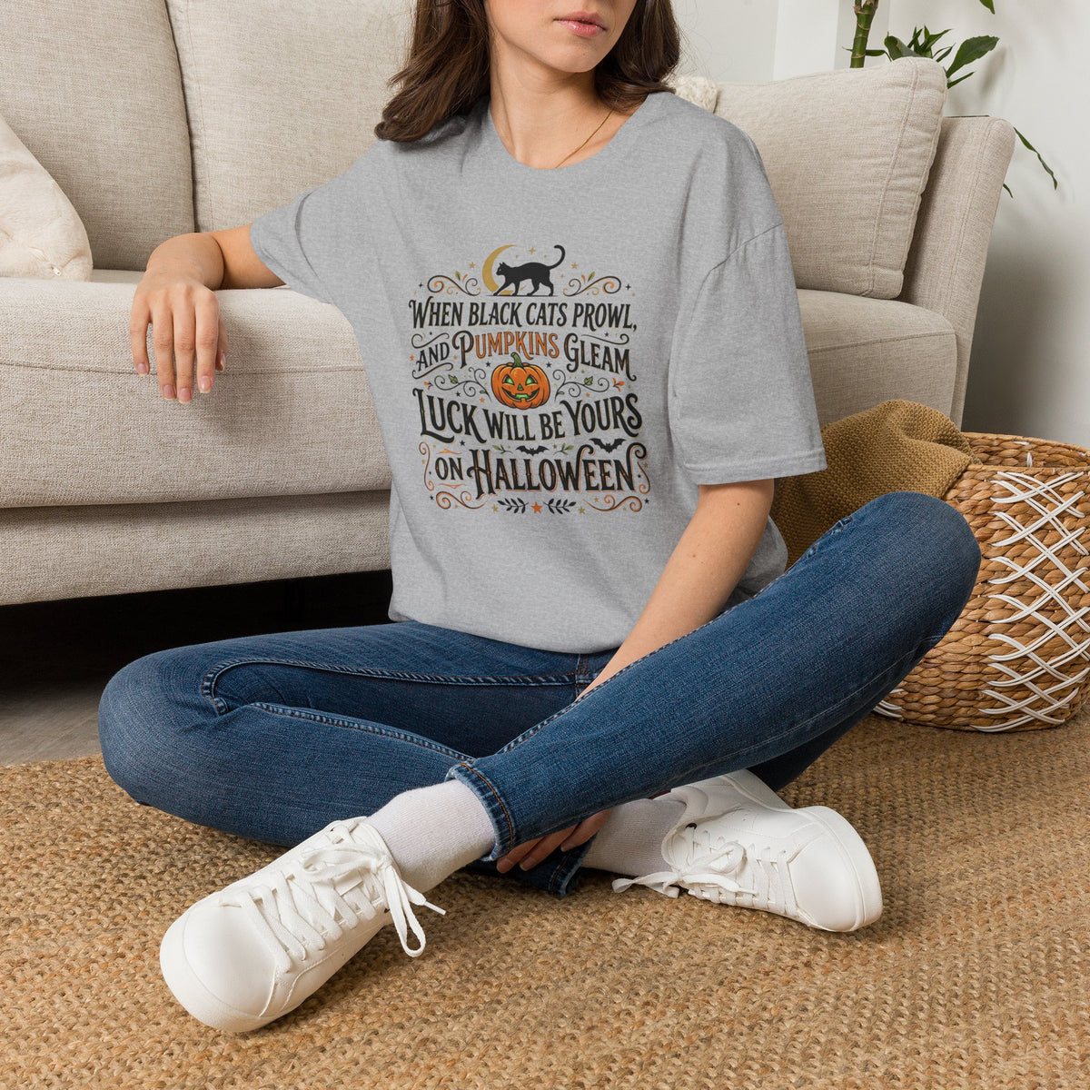 Halloween T-Shirt — "When Black Cats Prowl and Pumpkins Gleam" Pumpkin & Black Cat Tee