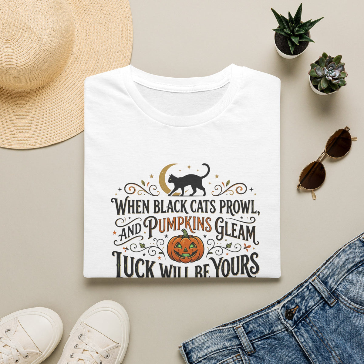 Halloween T-Shirt — "When Black Cats Prowl and Pumpkins Gleam" Pumpkin & Black Cat Tee