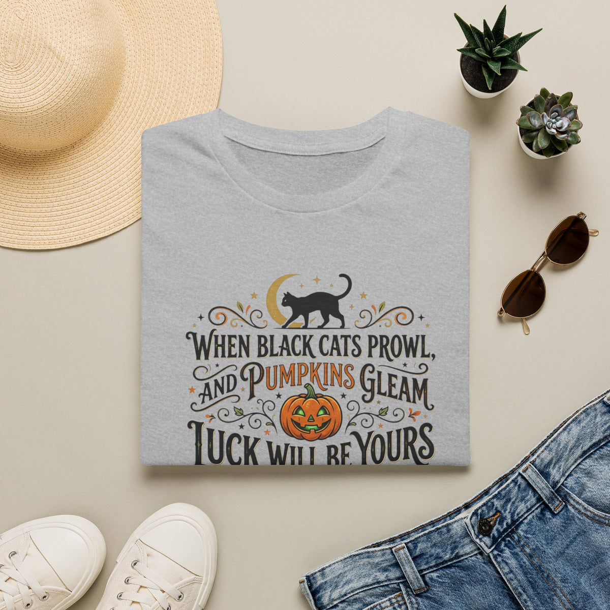 Halloween T-Shirt — "When Black Cats Prowl and Pumpkins Gleam" Pumpkin & Black Cat Tee