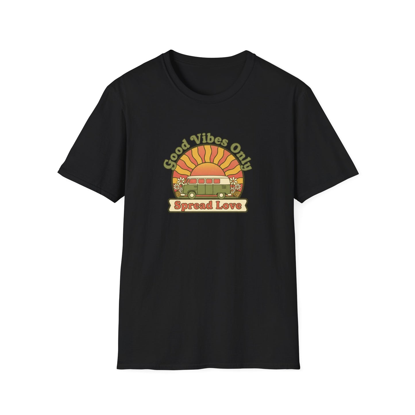 Good Vibes Only T‑Shirt — Retro Hippie Van & Tie-Dye “Spread Love” Tee