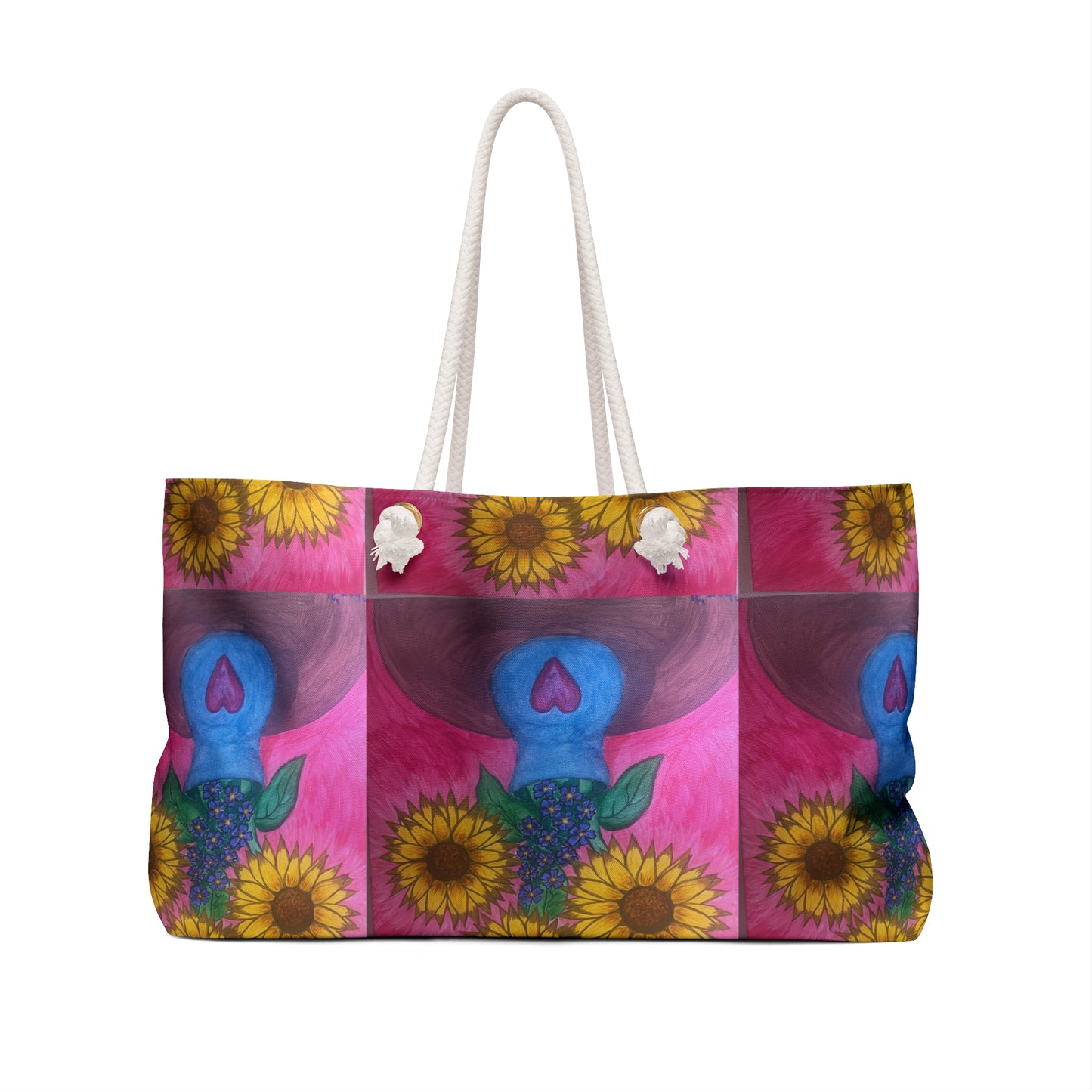 Sunflower & Heart Art Weekender Bag - Boho Travel Tote, Floral Gym Bag, Gift for Her, Beach Bag, Summer Essentials